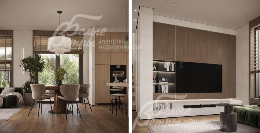 Визуализация дизайн-проекта 1-го этажа: слева - кухня-столовая с выходом на террасу (установлена дверь со стеклом); справа - гостиная с телевизором с широкой диагональю