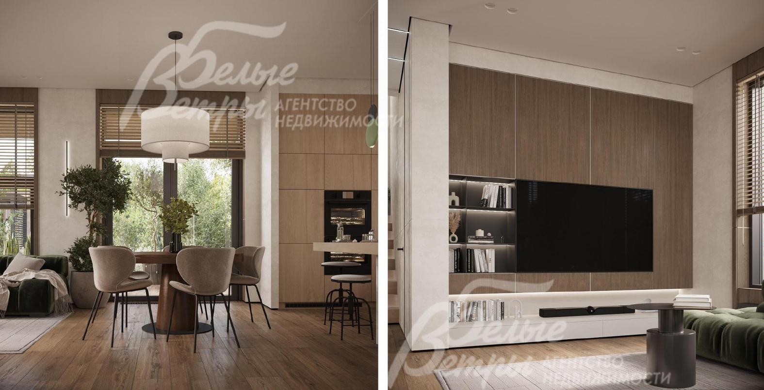 Визуализация дизайн-проекта 1-го этажа: слева - кухня-столовая с выходом на террасу (установлена дверь со стеклом); справа - гостиная с телевизором с широкой диагональю