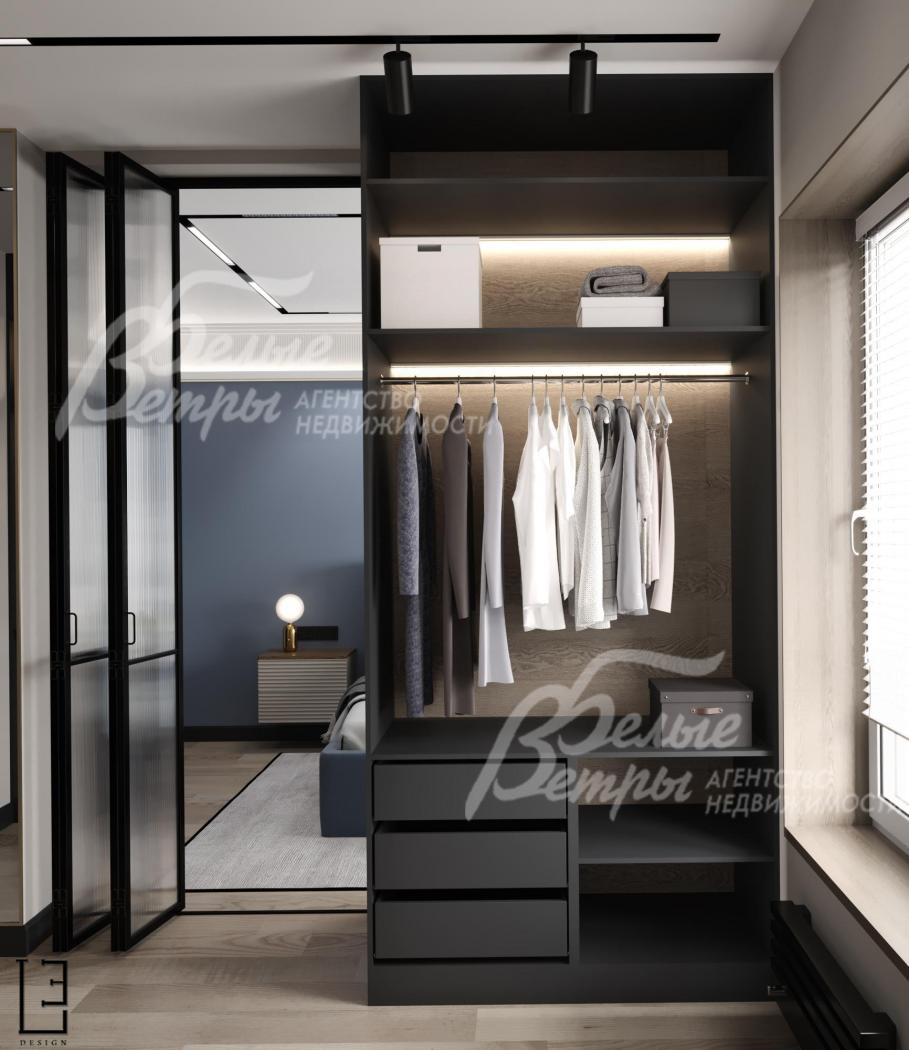 Визуализация дизайн проекта 2-го этажа: функциональная гардеробная мастер-спальни
