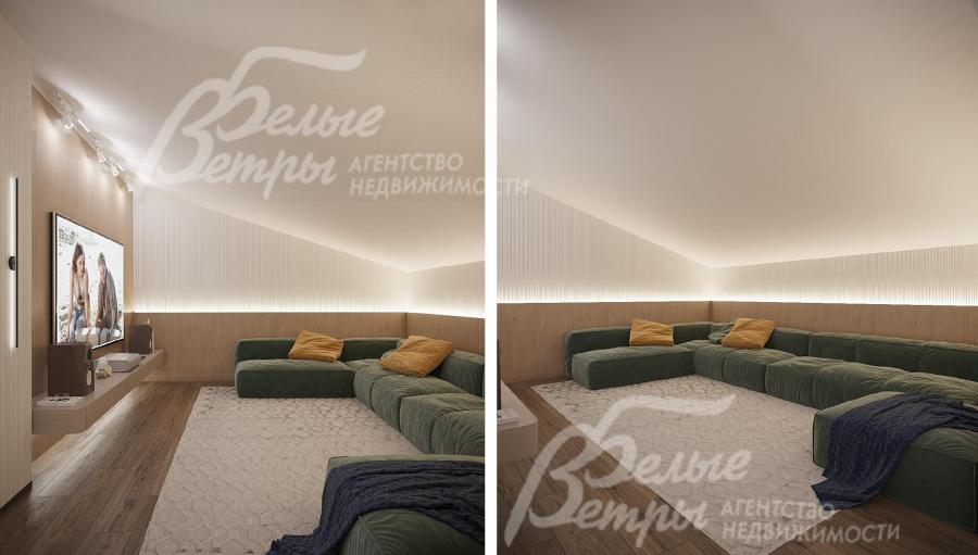 Визуализация дизайн-проекта мансардного этажа: диванная группа в кинотеатре