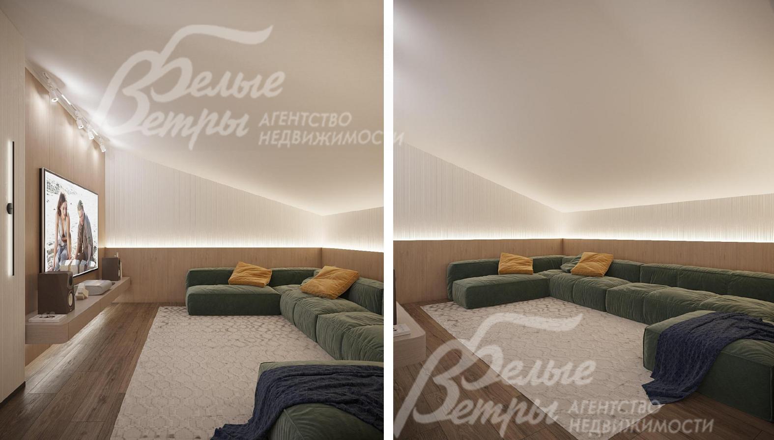 Визуализация дизайн-проекта мансардного этажа: диванная группа в кинотеатре