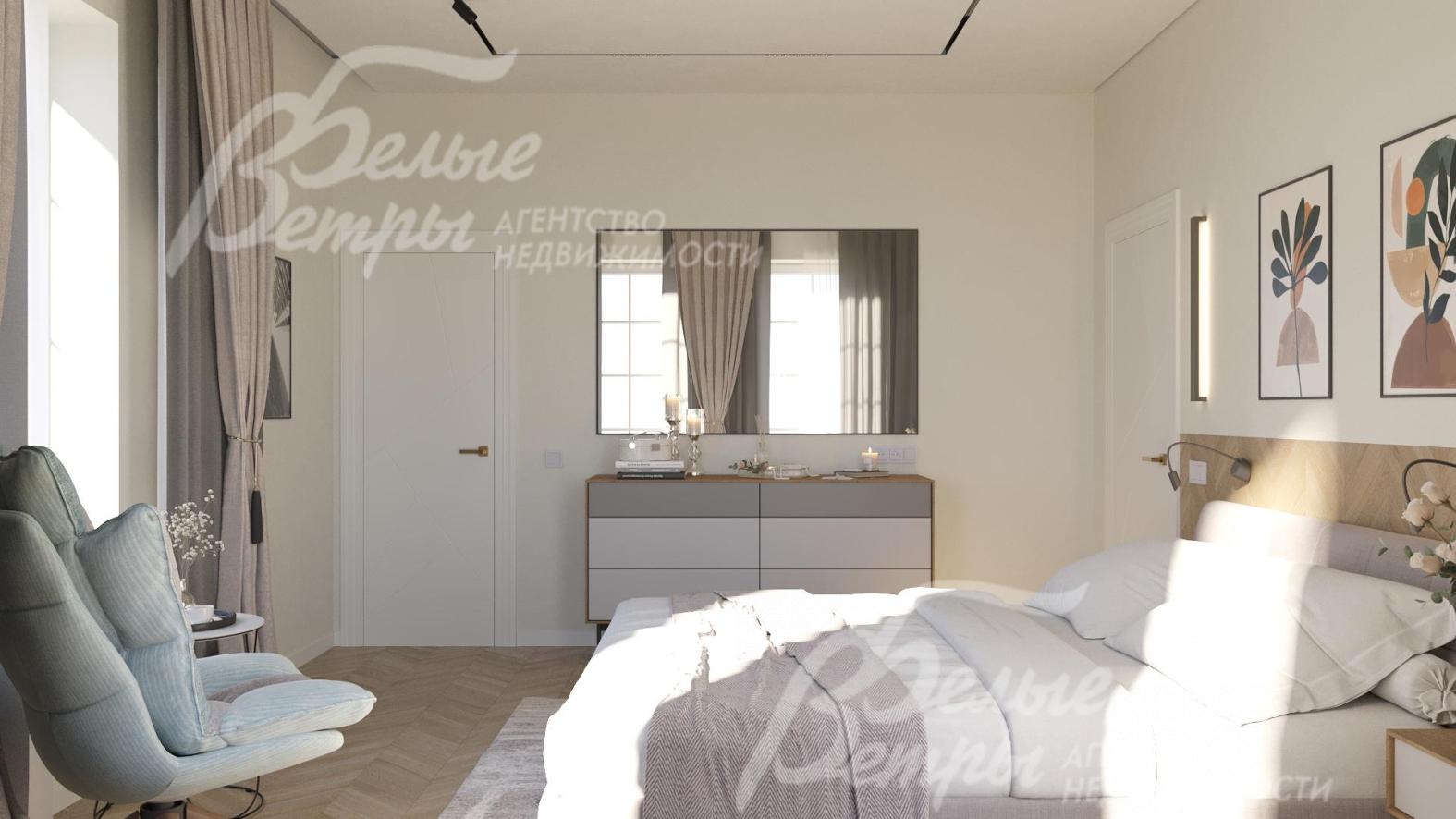 Интерьер дополнен межкомнатными ламинированными дверьми модели Estet белого цвета и дубовыми деревянными подоконниками