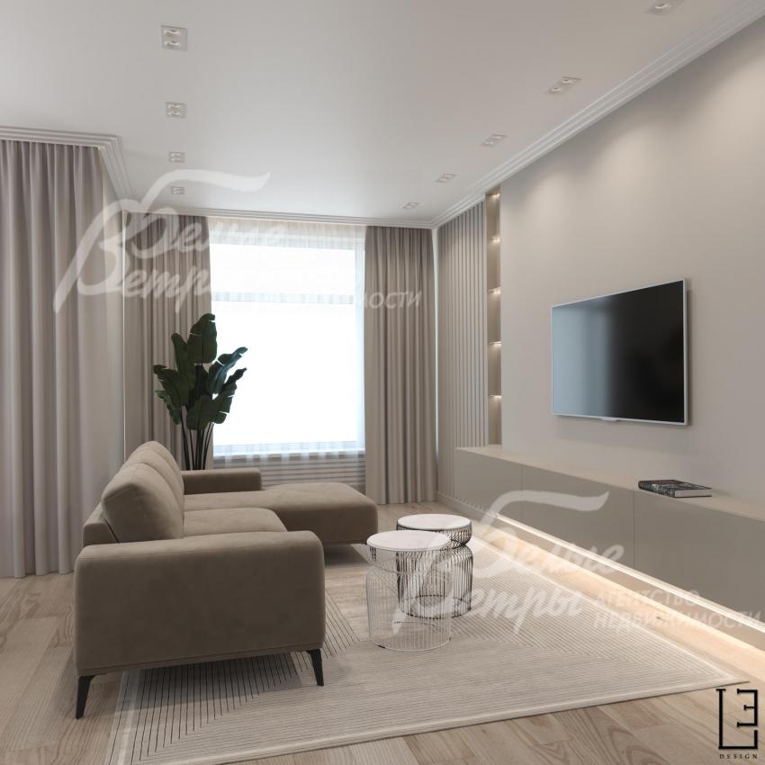 Визуализация дизайн проекта 1-го этажа: гостиная с широким диваном