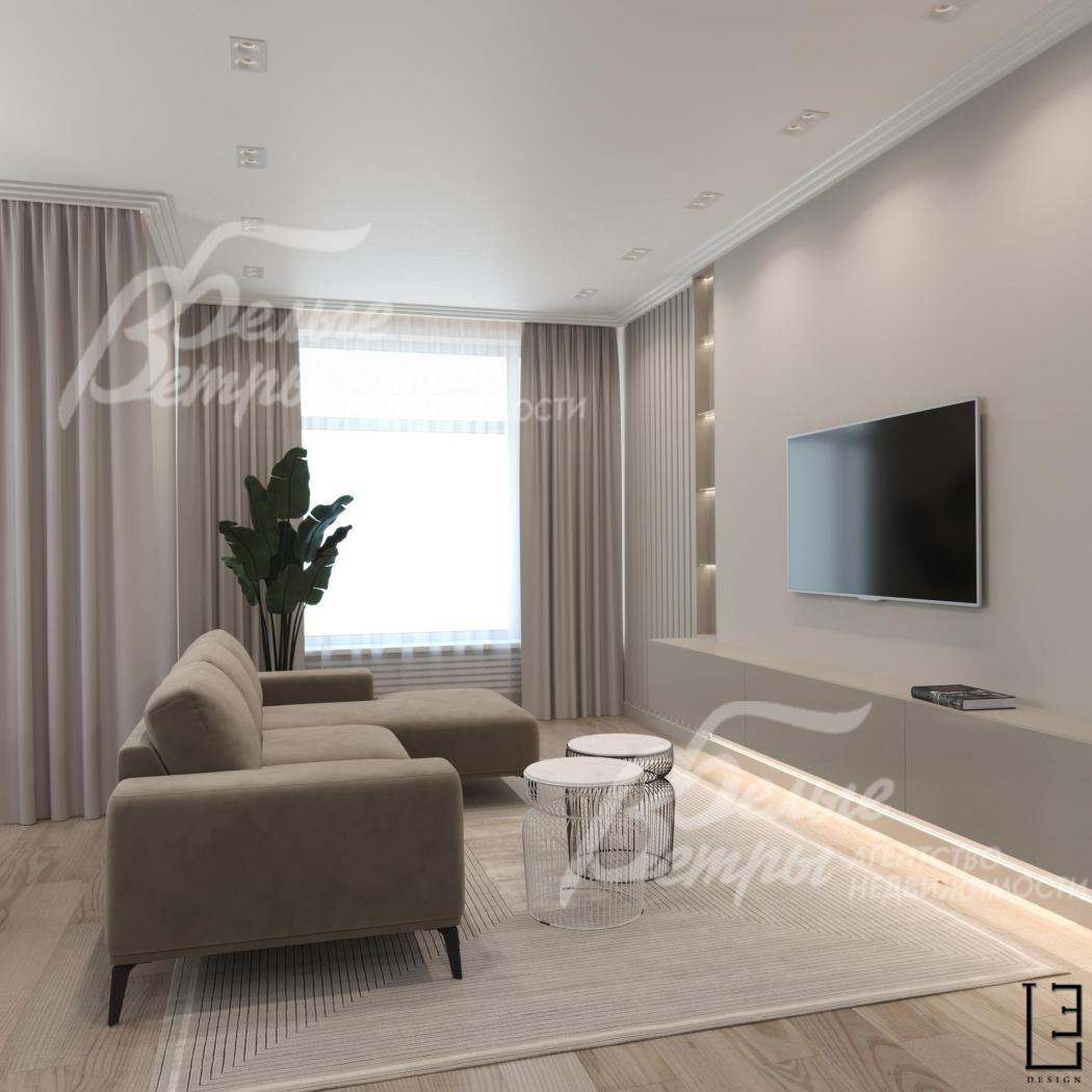 Визуализация дизайн проекта 1-го этажа: гостиная с широким диваном