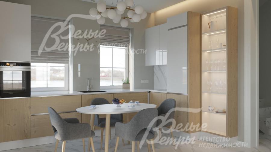 Зона кухни. Установлен кухонный гарнитур, шкаф-витрина, обеденная группа