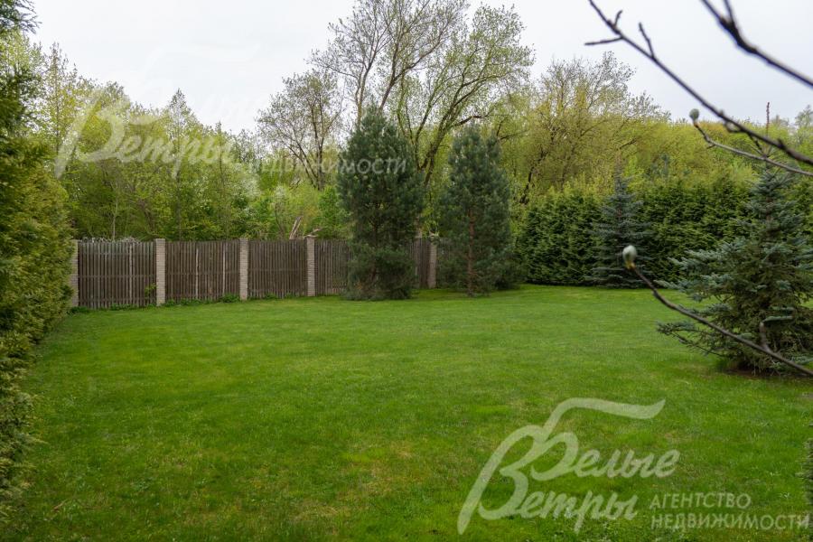 Участок благоустроен: газон, высажены более 100 туй и хвойников