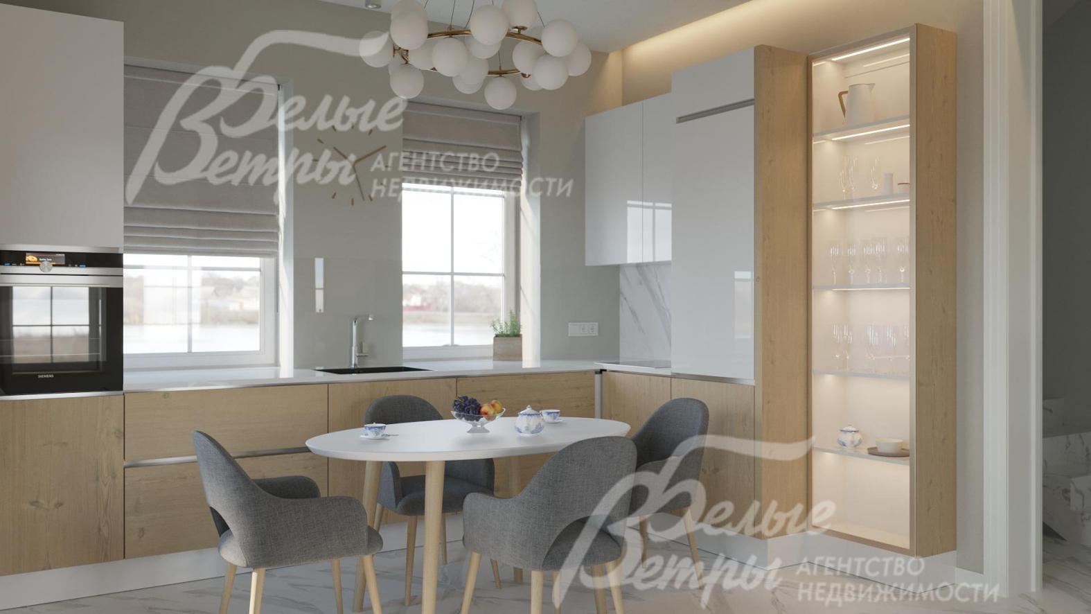 Зона кухни. Установлен кухонный гарнитур, шкаф-витрина, обеденная группа