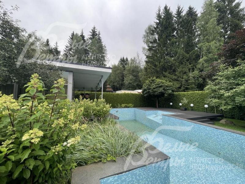 Бассейн в окружении зелени сада