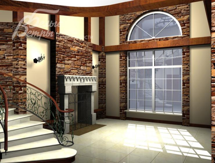 Визуализация двухсветной гостиной с камином