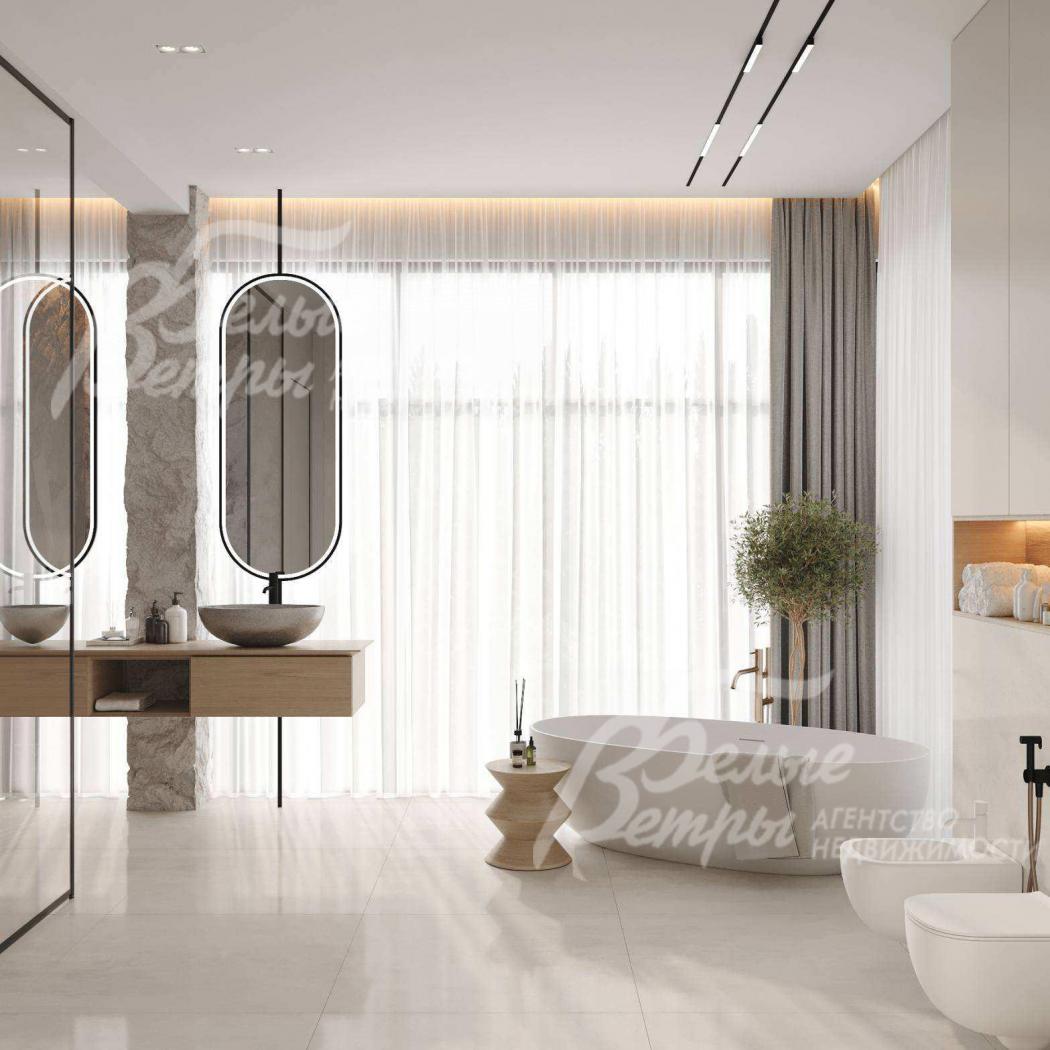 Визуализация: в санузле предусмотрены ванна, душевая кабина, биде, 2 раковины