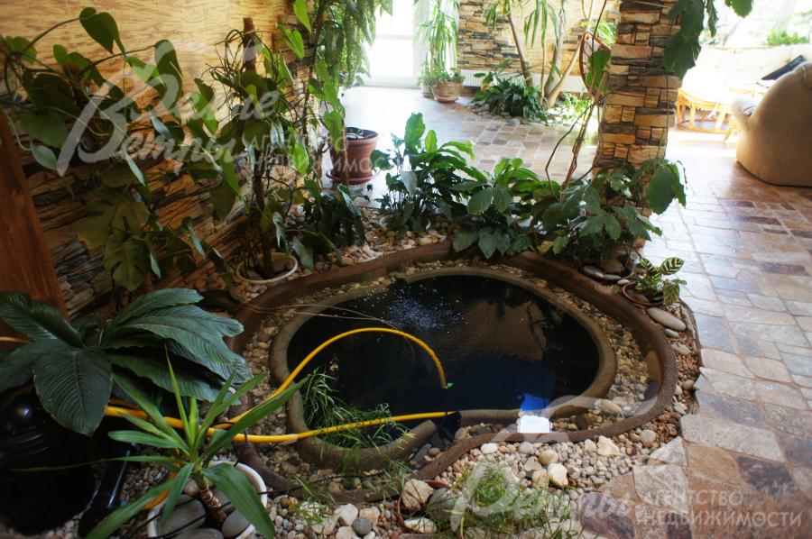 Декоративный пруд в окружении растений в зимнем саду