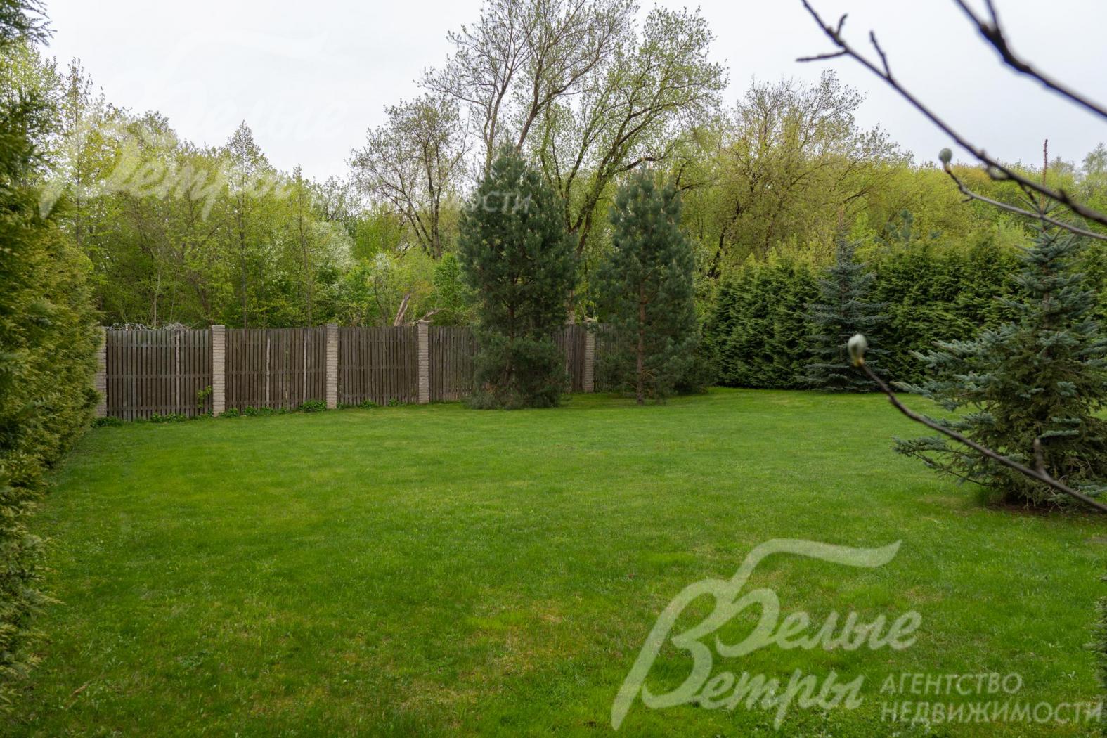 Участок благоустроен: газон, высажены более 100 туй и хвойников